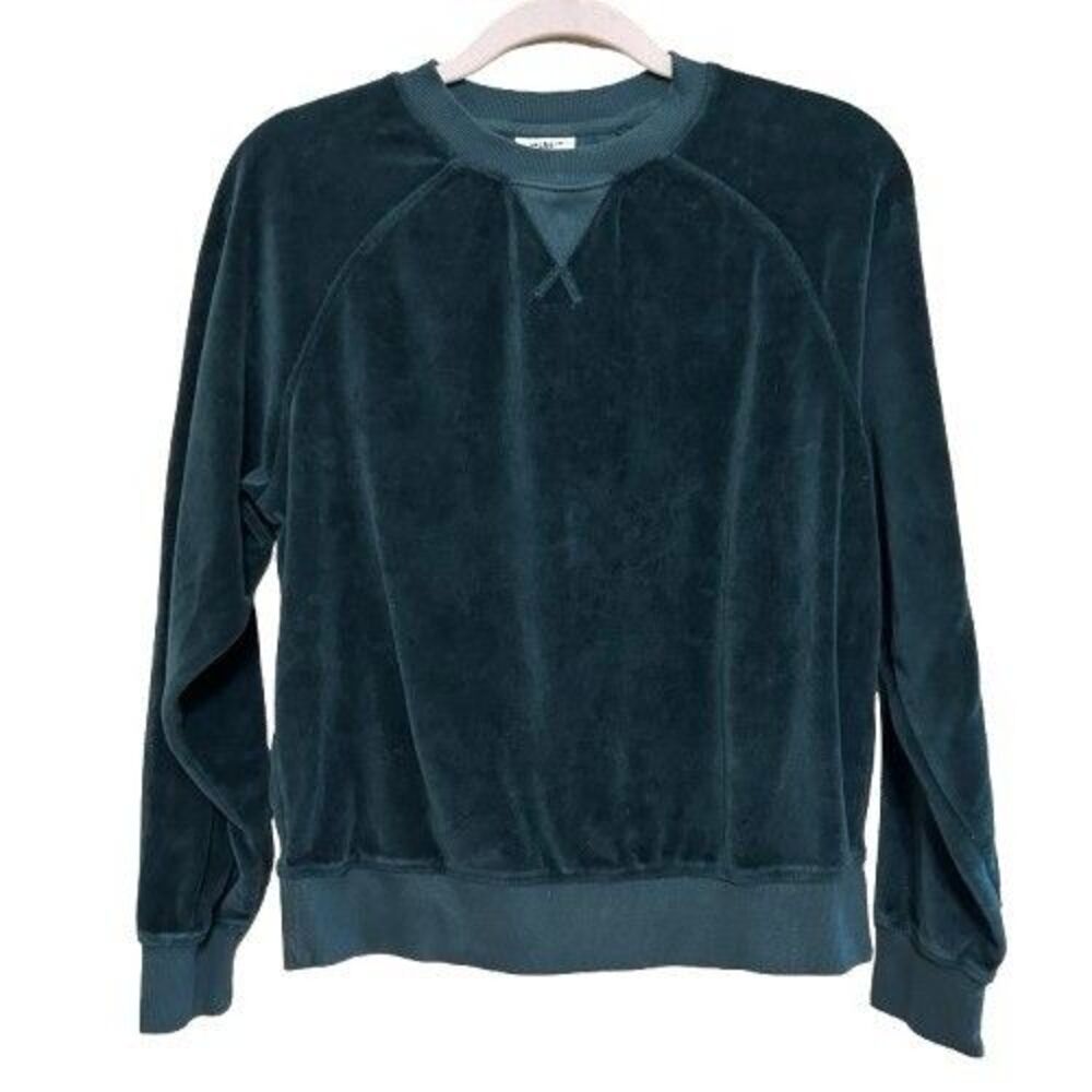 Pact Organic Cotton Velour Crew Pullover Top  Womens Small Green Sweatshirt